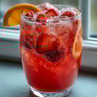 A vibrant pink lemonade party punch with citrus slices and fresh strawberries in a glass pitcher.