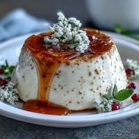 Honey Lavender Panna Cotta with fresh edible flowers and a drizzle of honey.