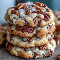 Close-up of golden butter pecan cookies with brown butter, toasted pecans, and a sprinkle of flaky sea salt, fresh from the oven.  