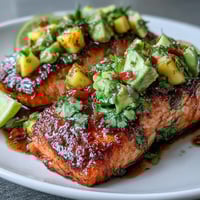 Baked salmon with mango avocado salsa served on a white plate, topped with colorful fruit salsa.  