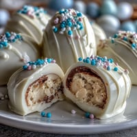 Creamy peanut butter Easter eggs dipped in white chocolate and decorated with festive sprinkles make a perfect holiday treat.