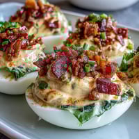 Deviled eggs with bacon crumbles, lettuce, and tomato make a tasty BLT-inspired appetizer for any gathering.