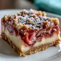Buttery shortbread crust topped with tangy rhubarb and creamy custard in these spring dessert bars.  